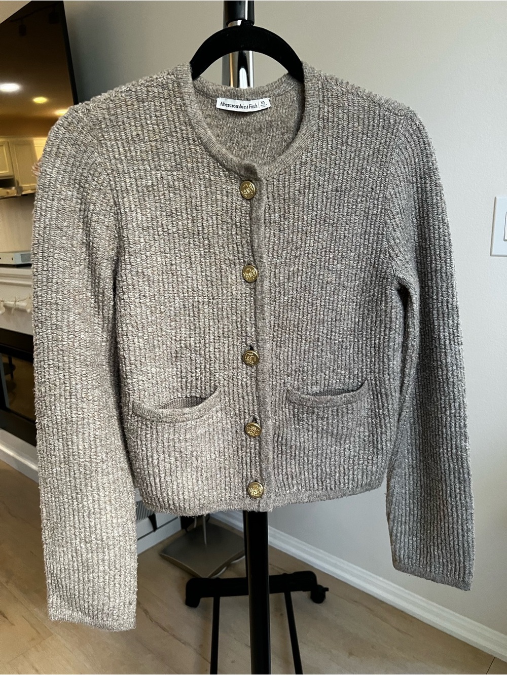 Abercrombie & Fitch Taupe Ribbed Crewneck Cardigan with Gold Buttons- XS